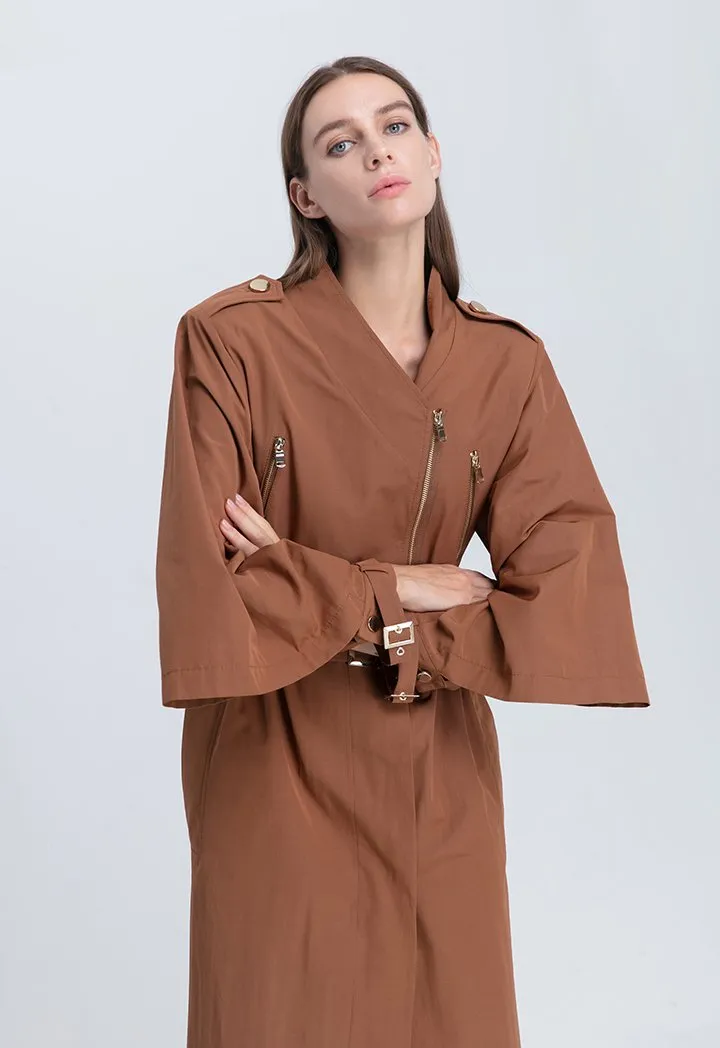 Choice Solid Color Belted Cuffed Sleeve Trench Coat Tabacco