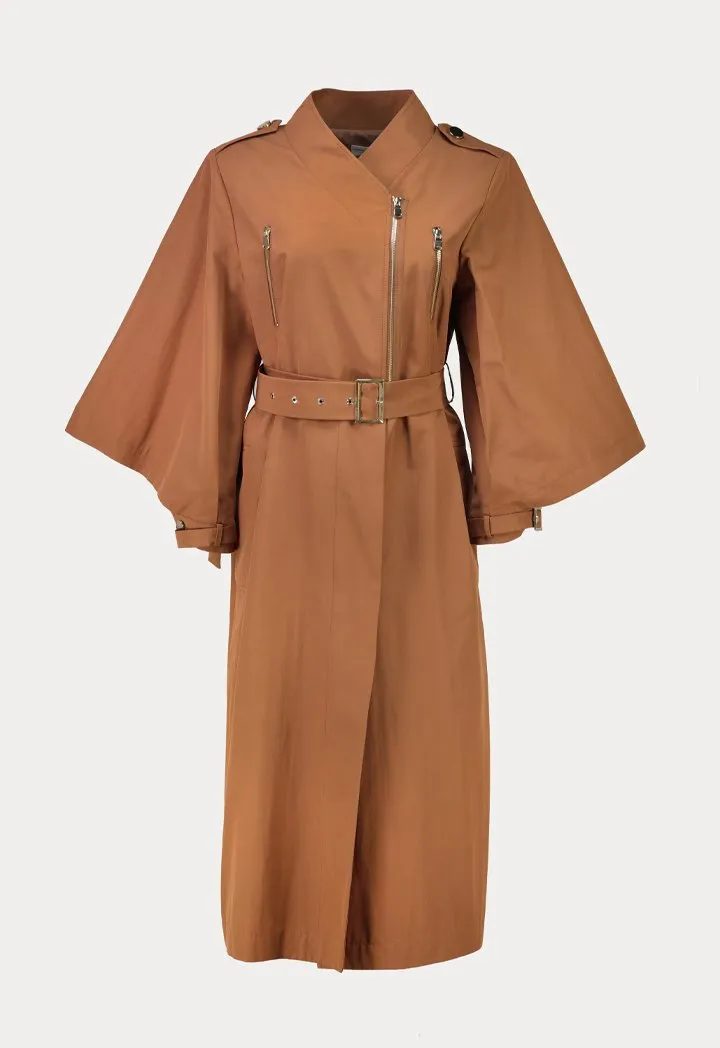 Choice Solid Color Belted Cuffed Sleeve Trench Coat Tabacco