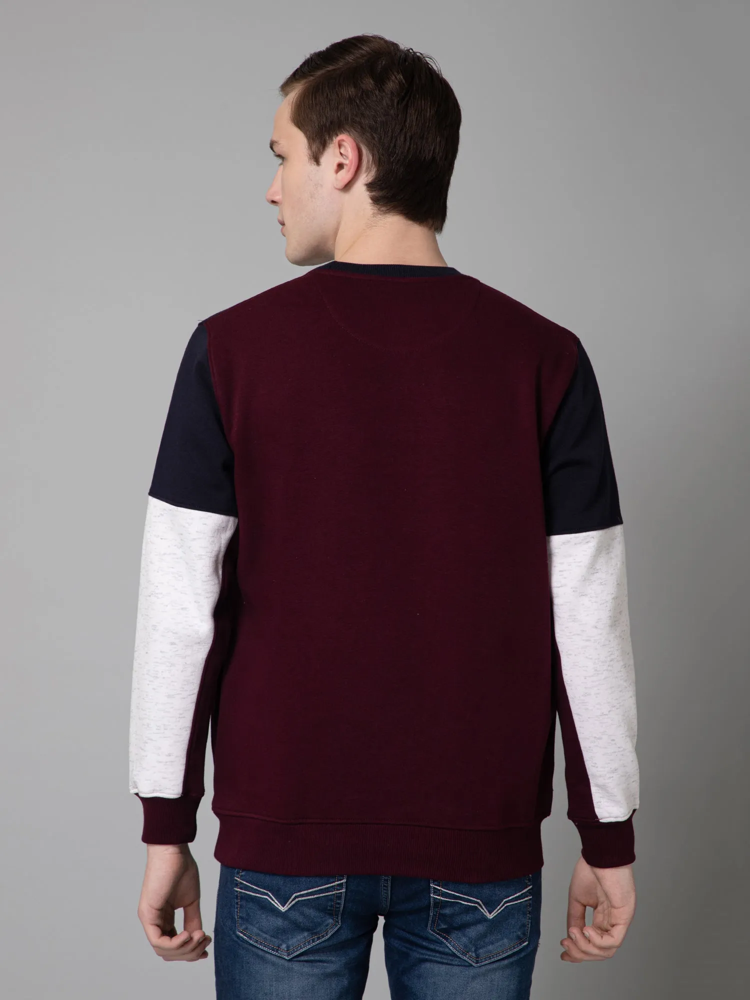 Color Blocked Wine Full Sleeves Rounded Neck Regular Fit Casual Sweatshirt for Men