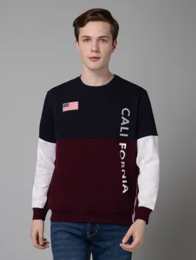 Color Blocked Wine Full Sleeves Rounded Neck Regular Fit Casual Sweatshirt for Men