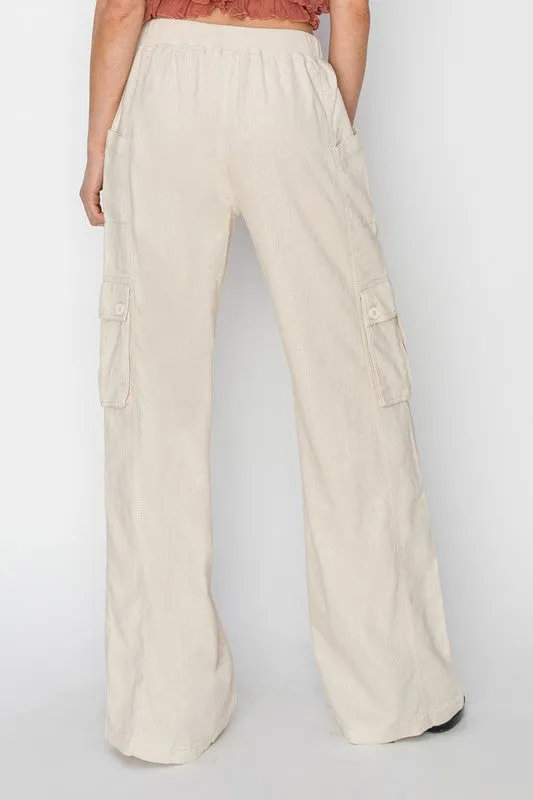 Cream High Rise Synched Cargo Pants