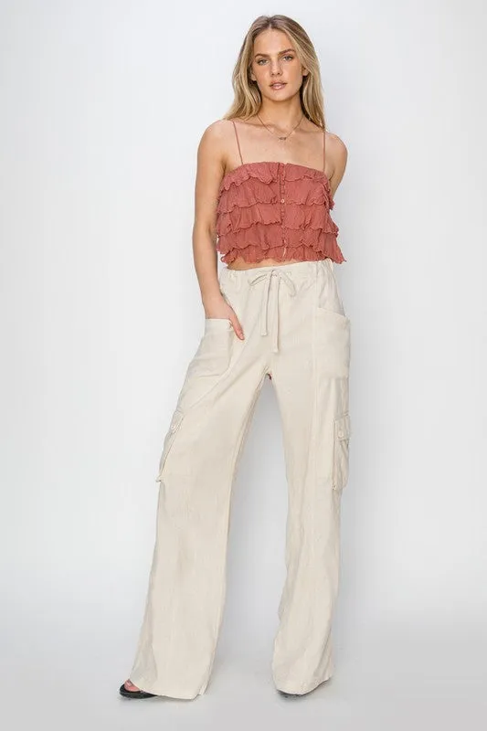 Cream High Rise Synched Cargo Pants