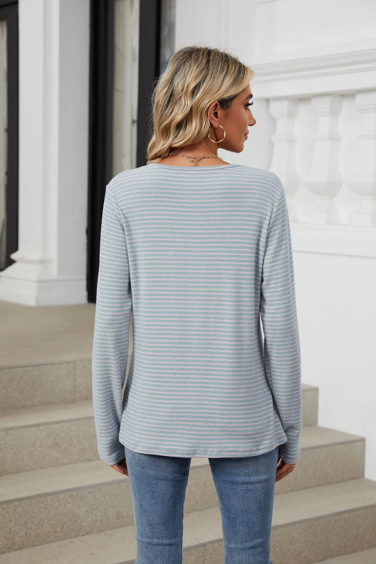 Crew Neck Button Loose Long Sleeve Striped