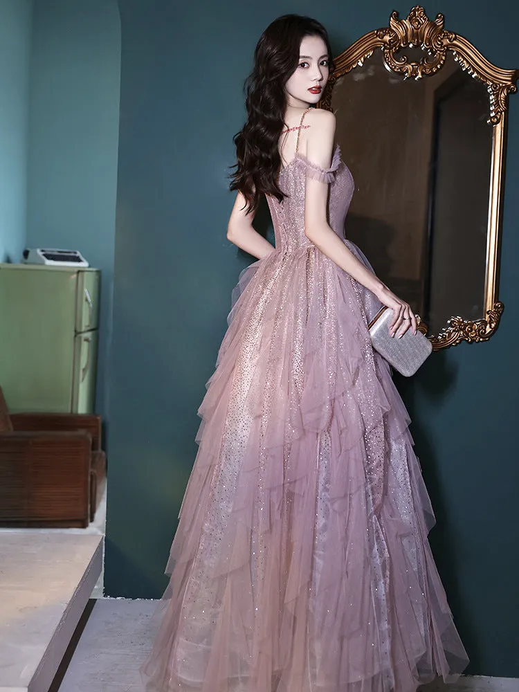 Cute Pink Fairy Long Dress Long Evening Dress Spaghetti Strap Formal Gown 170