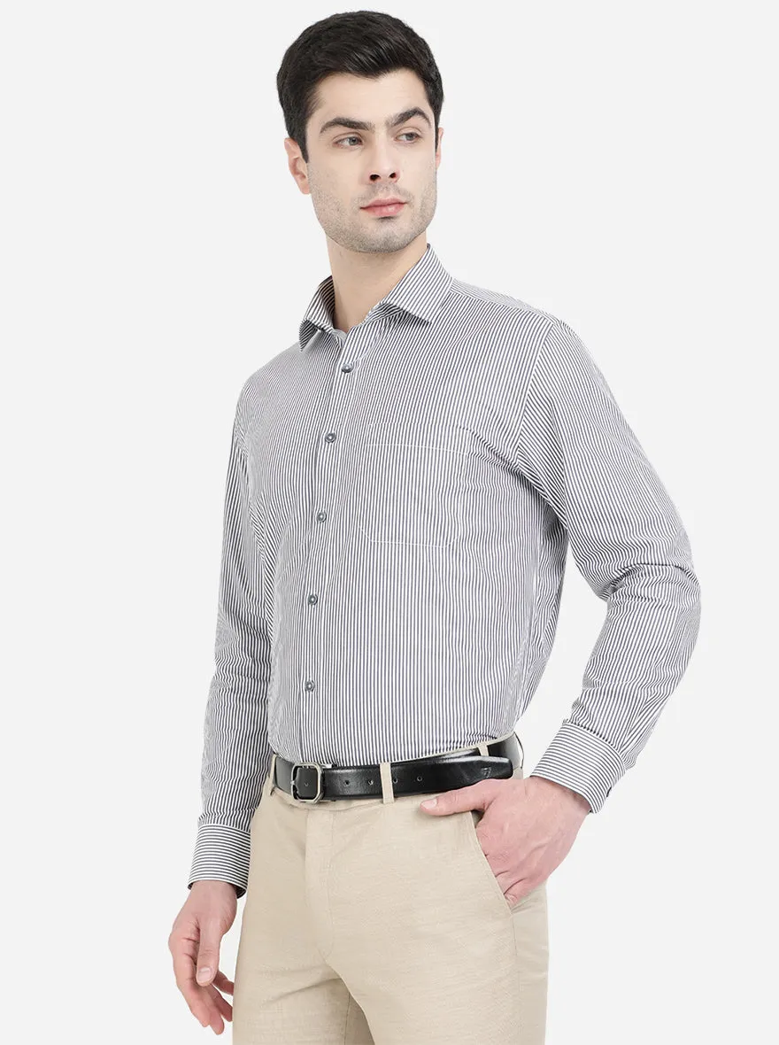 Dark Grey & White Striped Regular Fit Formal Shirt | JadeBlue