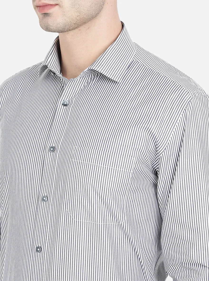 Dark Grey & White Striped Regular Fit Formal Shirt | JadeBlue