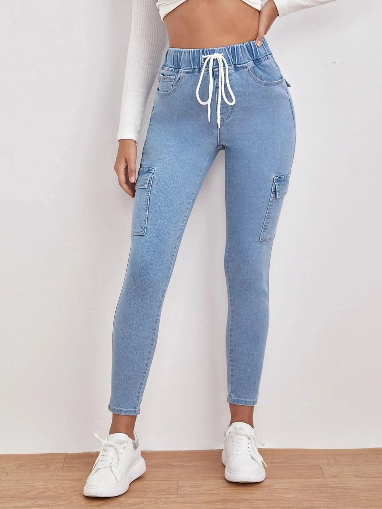 Drawstring Waist Flap Pocket Jean