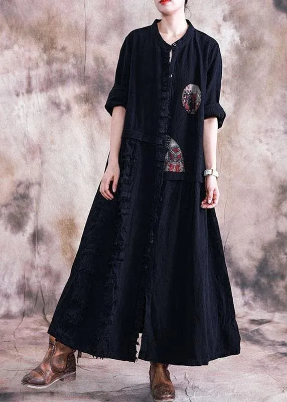 Elegant black cotton overcoat oversize trench coats fall linen outwear patchwork