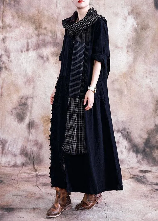 Elegant black cotton overcoat oversize trench coats fall linen outwear patchwork