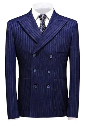 Ethan Elegant Blue Double-Breasted Peak Lapel Striped Business Attire