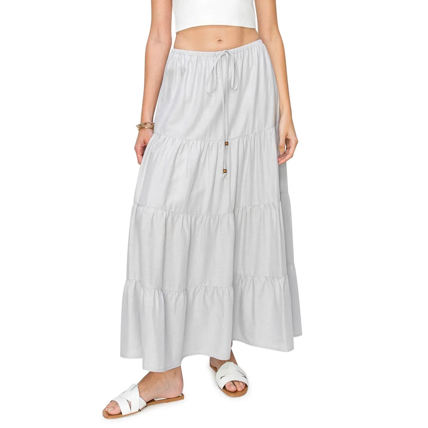 Flowy Tiered Maxi Linen Skirt - Light Grey