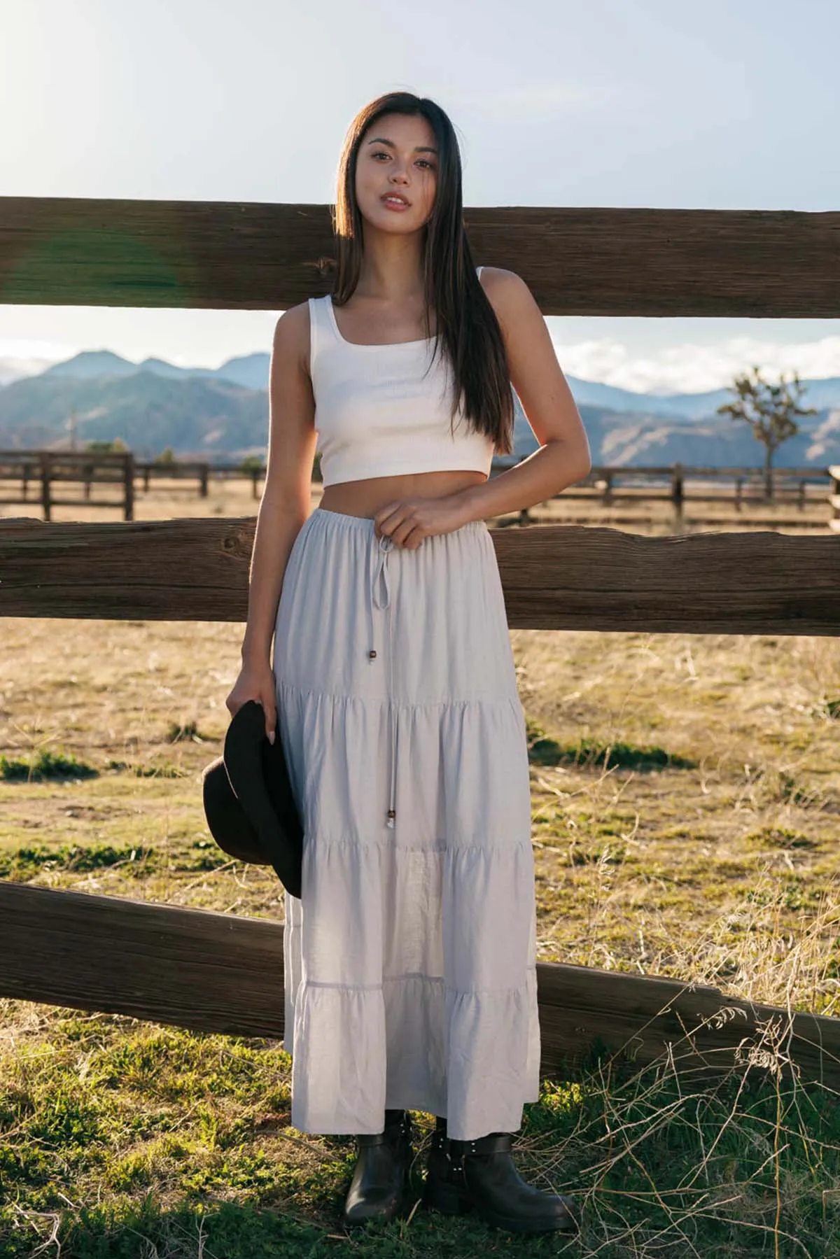 Flowy Tiered Maxi Linen Skirt - Light Grey