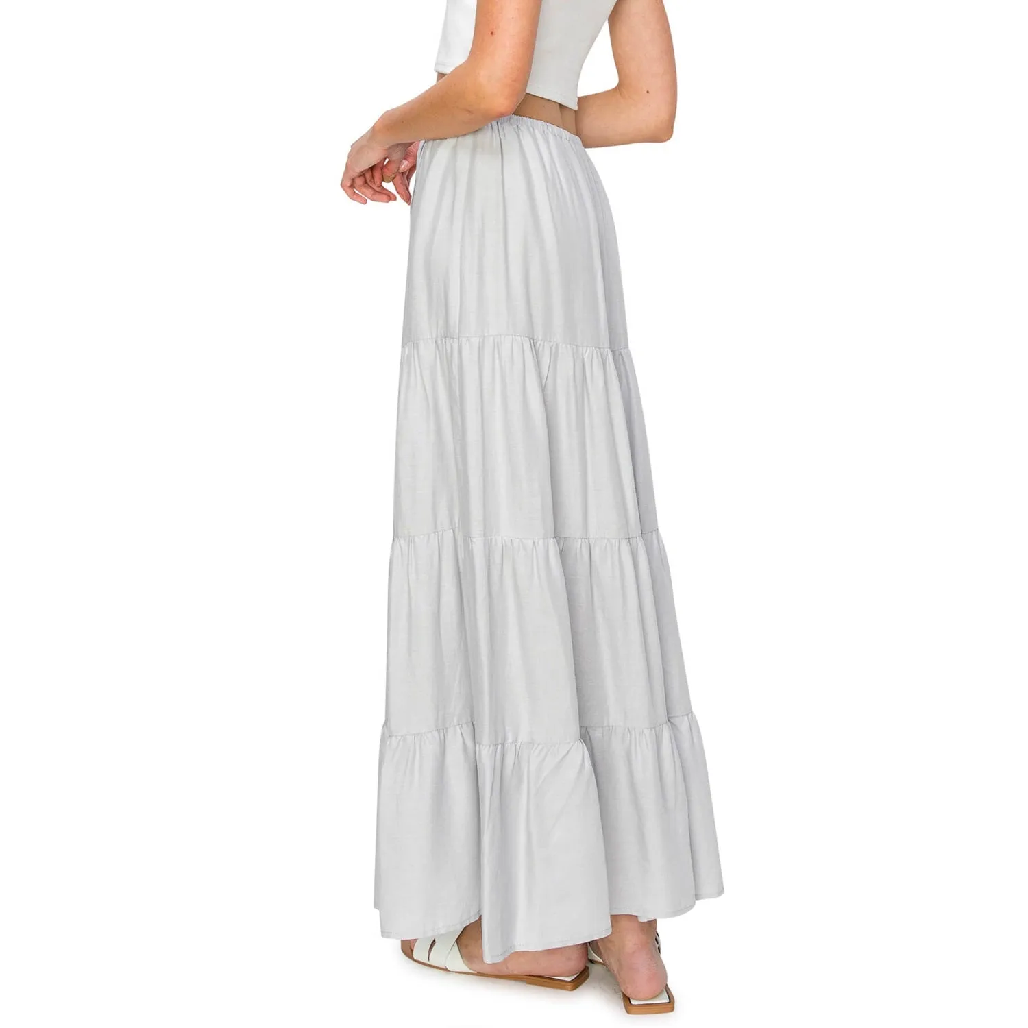 Flowy Tiered Maxi Linen Skirt - Light Grey