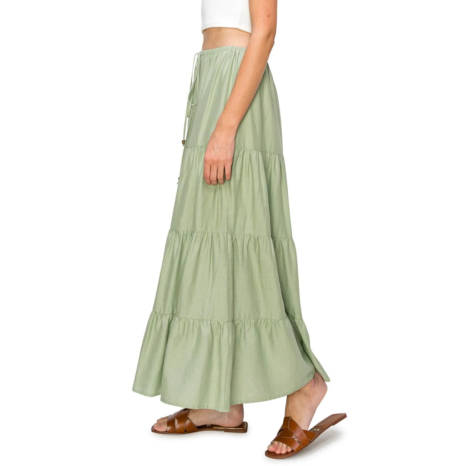 Flowy Tiered Maxi Linen Skirt - Sage