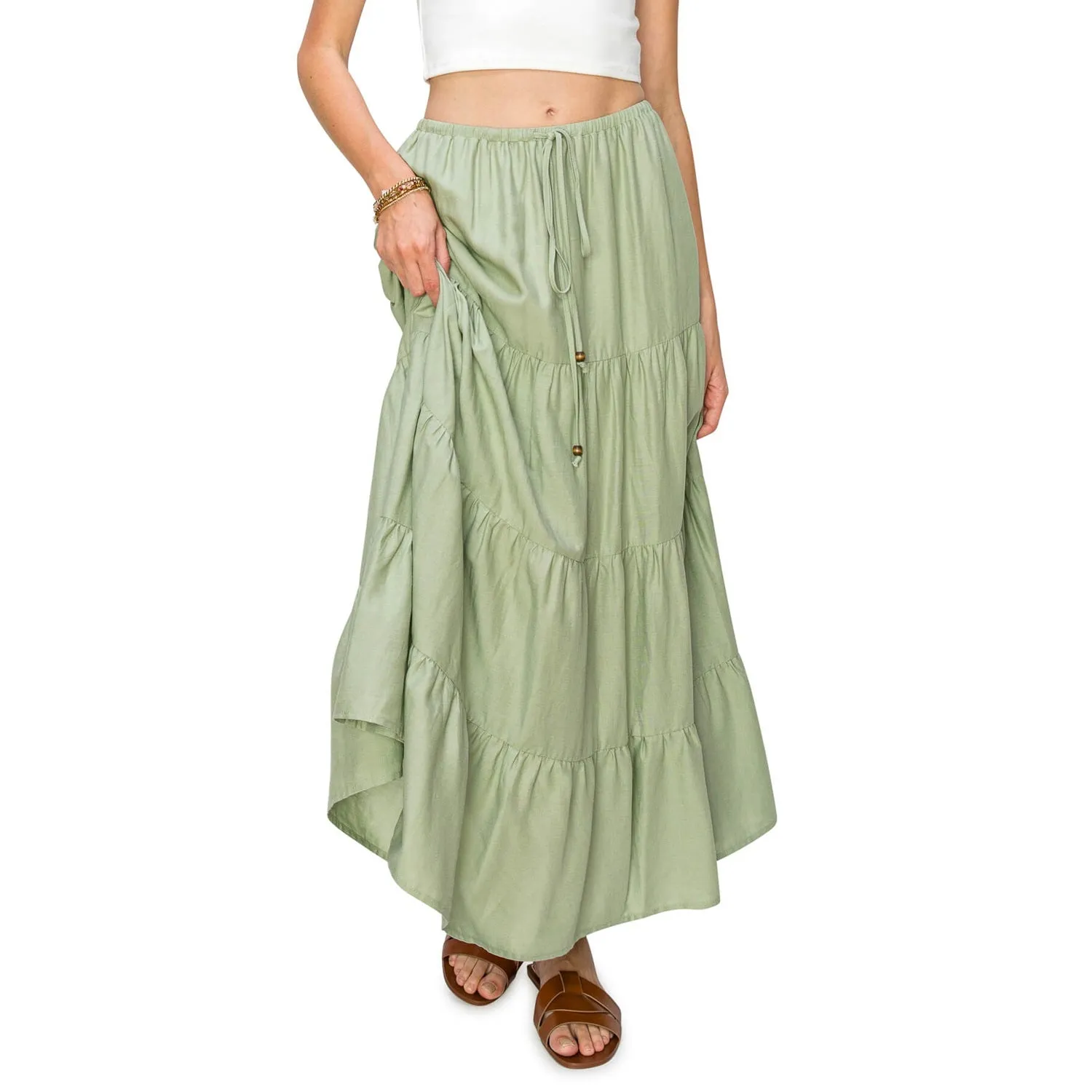 Flowy Tiered Maxi Linen Skirt - Sage