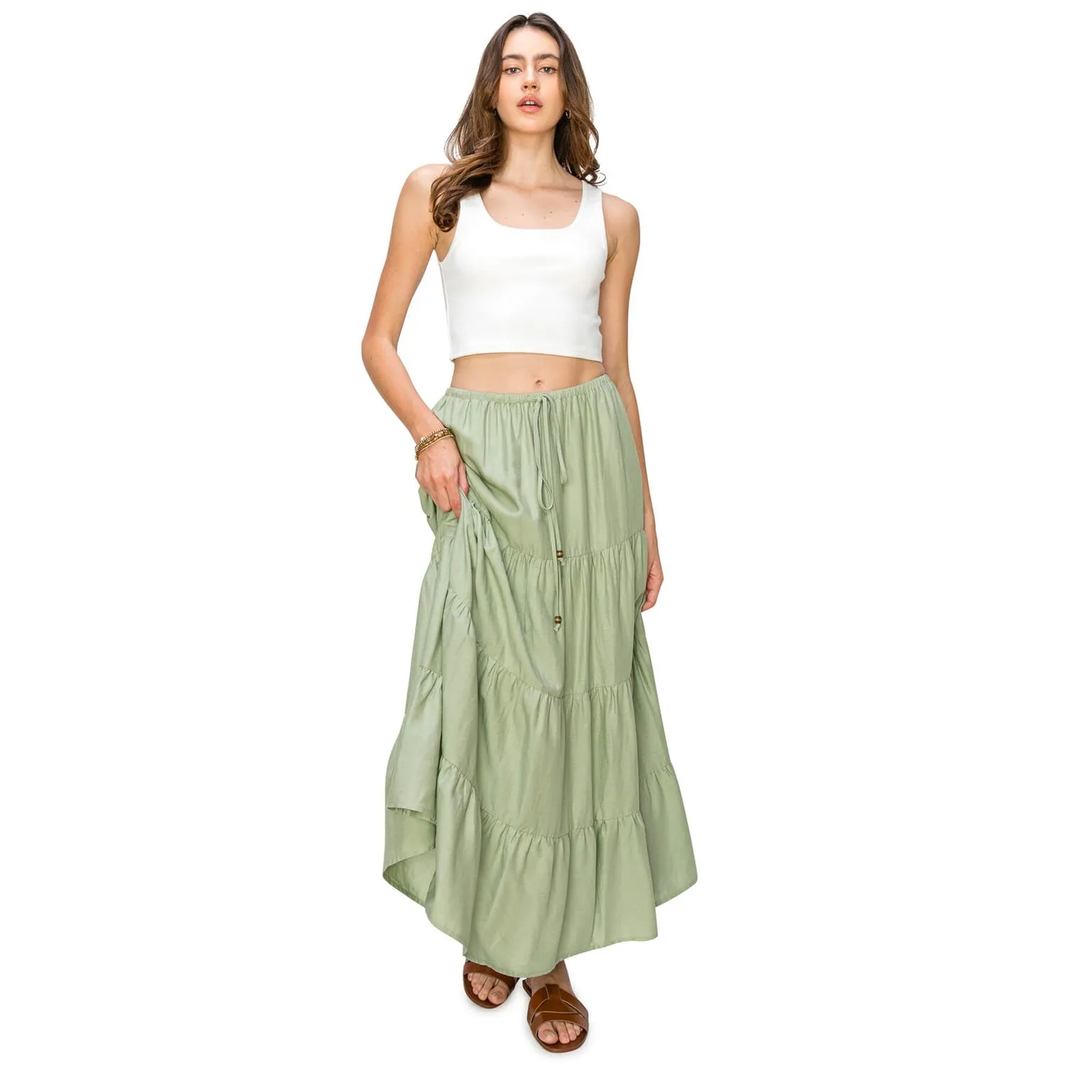 Flowy Tiered Maxi Linen Skirt - Sage