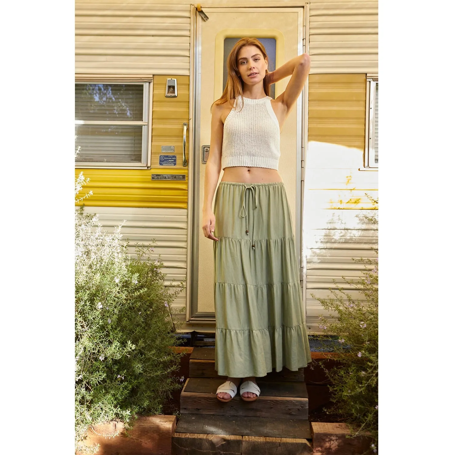 Flowy Tiered Maxi Linen Skirt - Sage