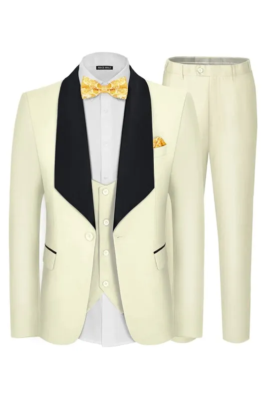 Gilbert Bespoke Beige Three-Piece Shawl Collar Groom's Wedding Suit