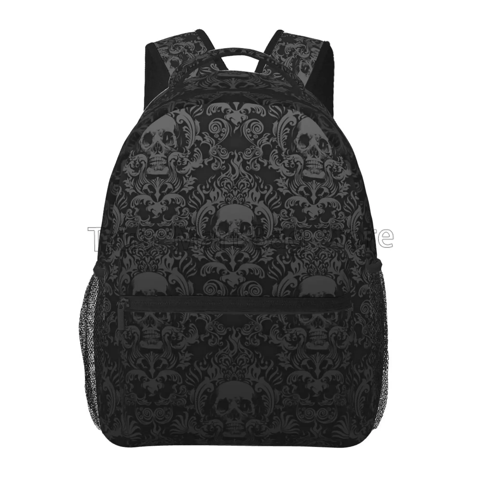 Goth Black Skull Damask Casual Unisex Travel Daypack Bag