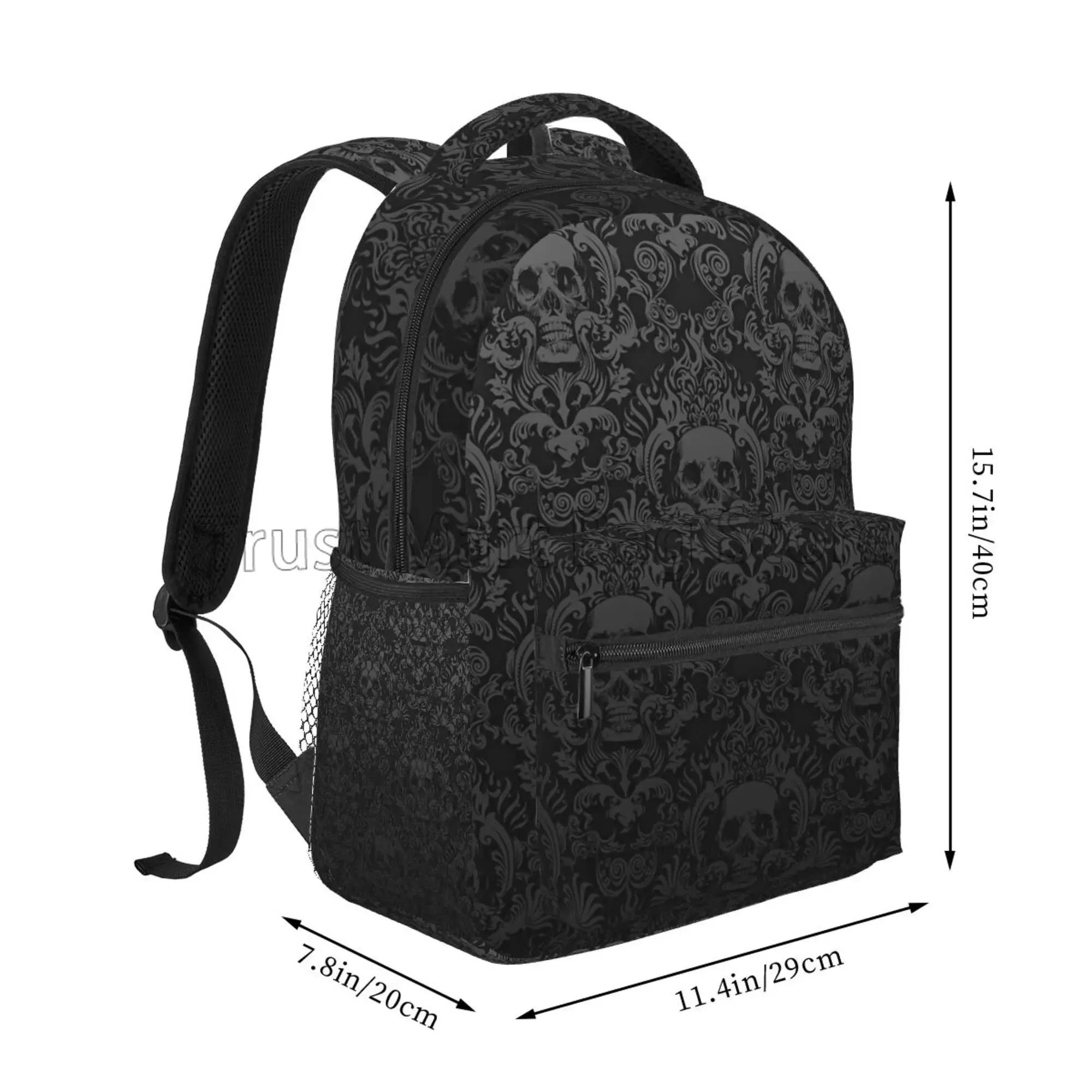 Goth Black Skull Damask Casual Unisex Travel Daypack Bag