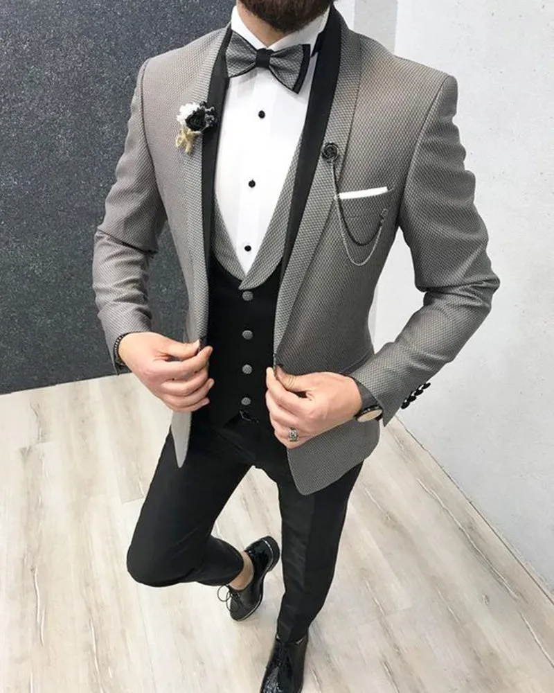 Gray Men wedding Tuxedos Suits Dinner Jacket Prom Suits 3 Pieces Slim Fit Cb01230