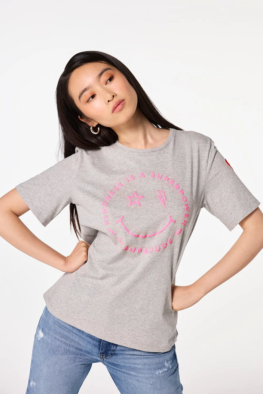 Grey Marl Smiley Face T-Shirt