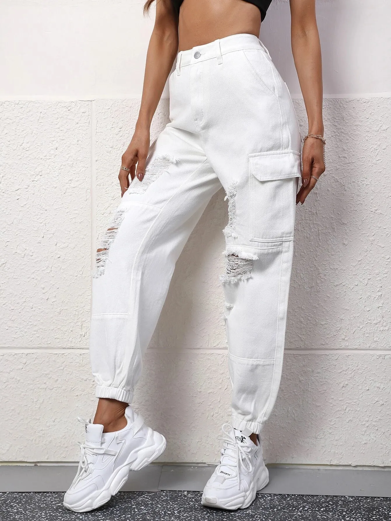 High Rise Ripped Cargo Jean