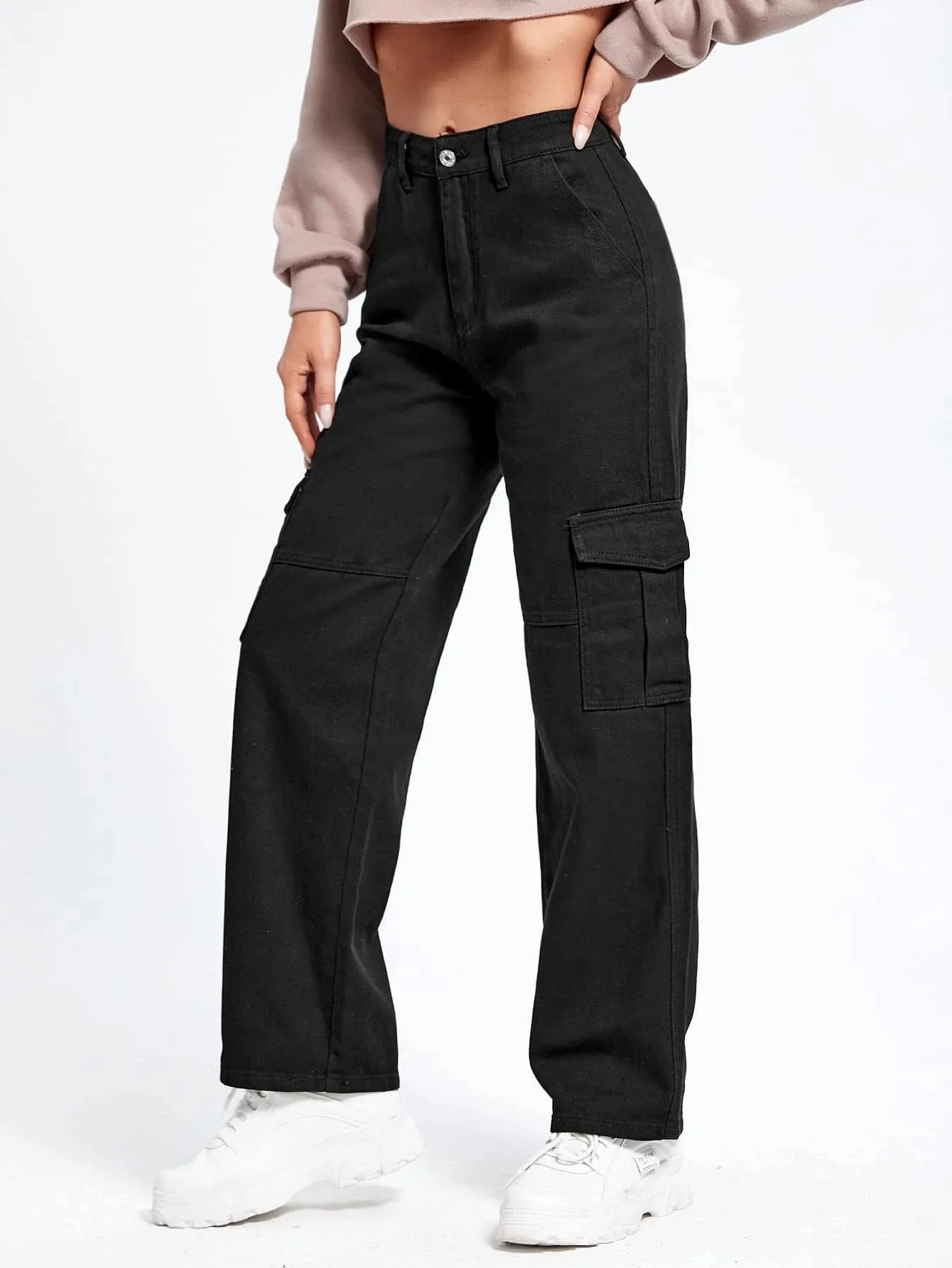 High Waist Cargo Pocket Jeans