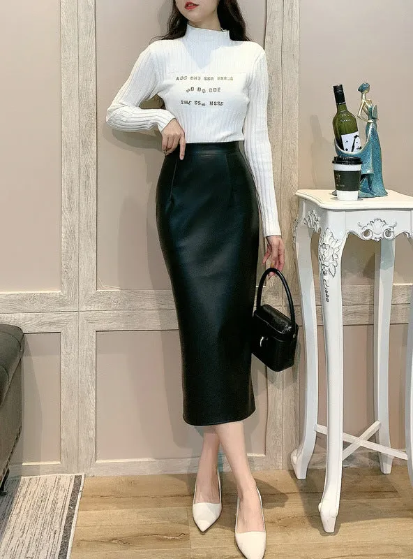 High Waist Split Pu Hip Skirt