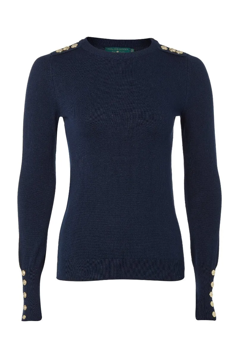 Holland Cooper Button Knit Crew Neck Ladies Knitwear in Ink Navy