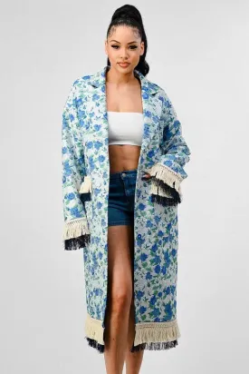 Impact Tassel Trim Blue Floral Trench Coat