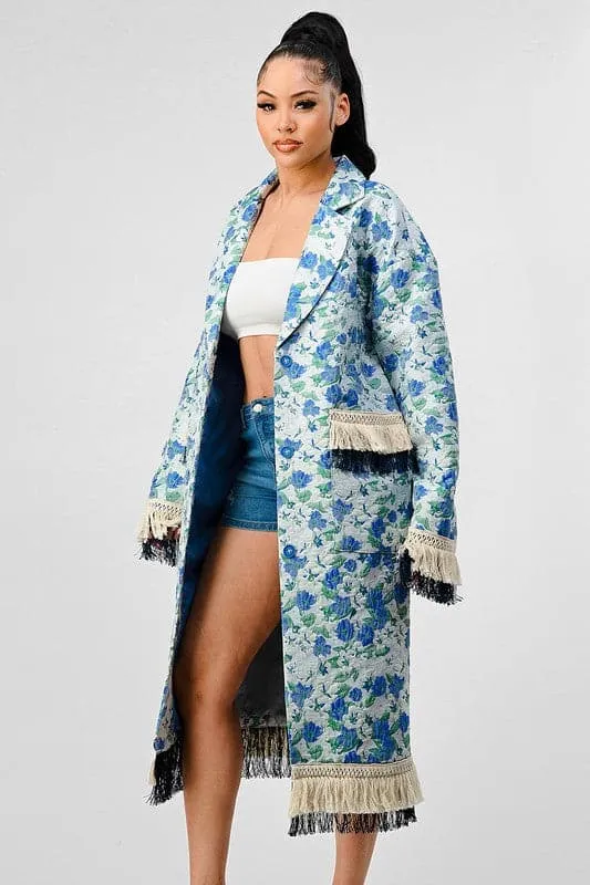 Impact Tassel Trim Blue Floral Trench Coat