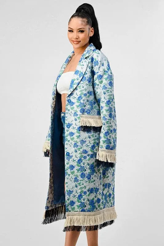 Impact Tassel Trim Blue Floral Trench Coat