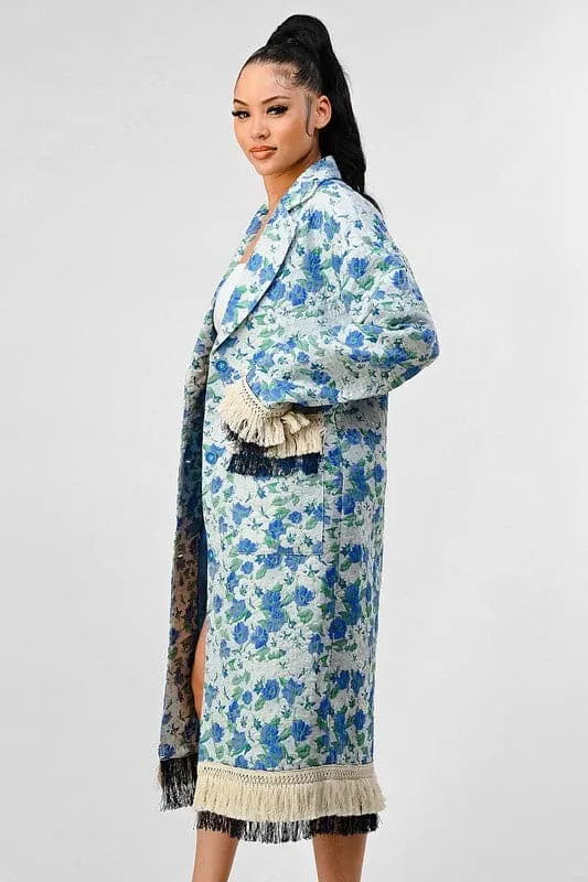 Impact Tassel Trim Blue Floral Trench Coat