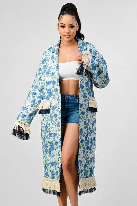 Impact Tassel Trim Blue Floral Trench Coat