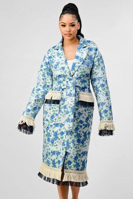 Impact Tassel Trim Blue Floral Trench Coat