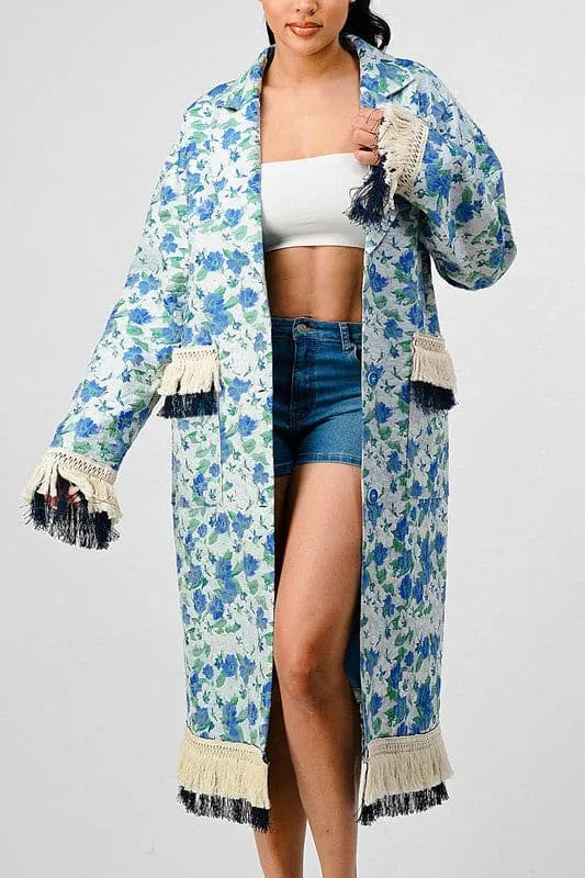 Impact Tassel Trim Blue Floral Trench Coat