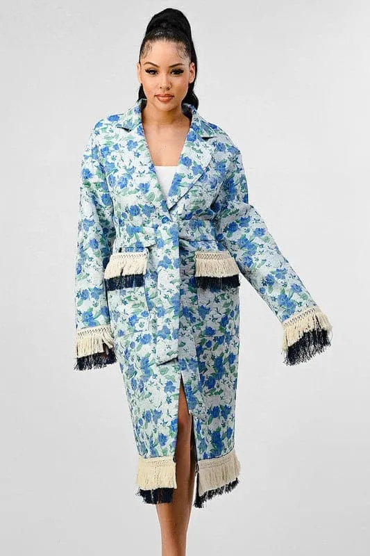 Impact Tassel Trim Blue Floral Trench Coat