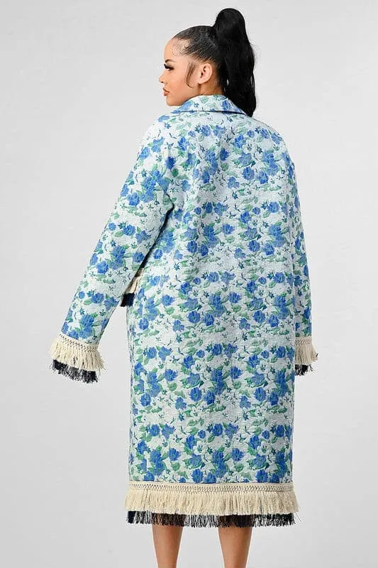 Impact Tassel Trim Blue Floral Trench Coat