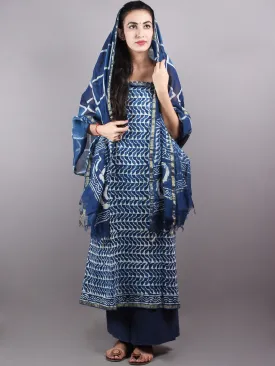 Indigo White Hand Block Printed Chanderi Unstitched Kurta & Chanderi Dupatta With Cotton Salwar - S1628007