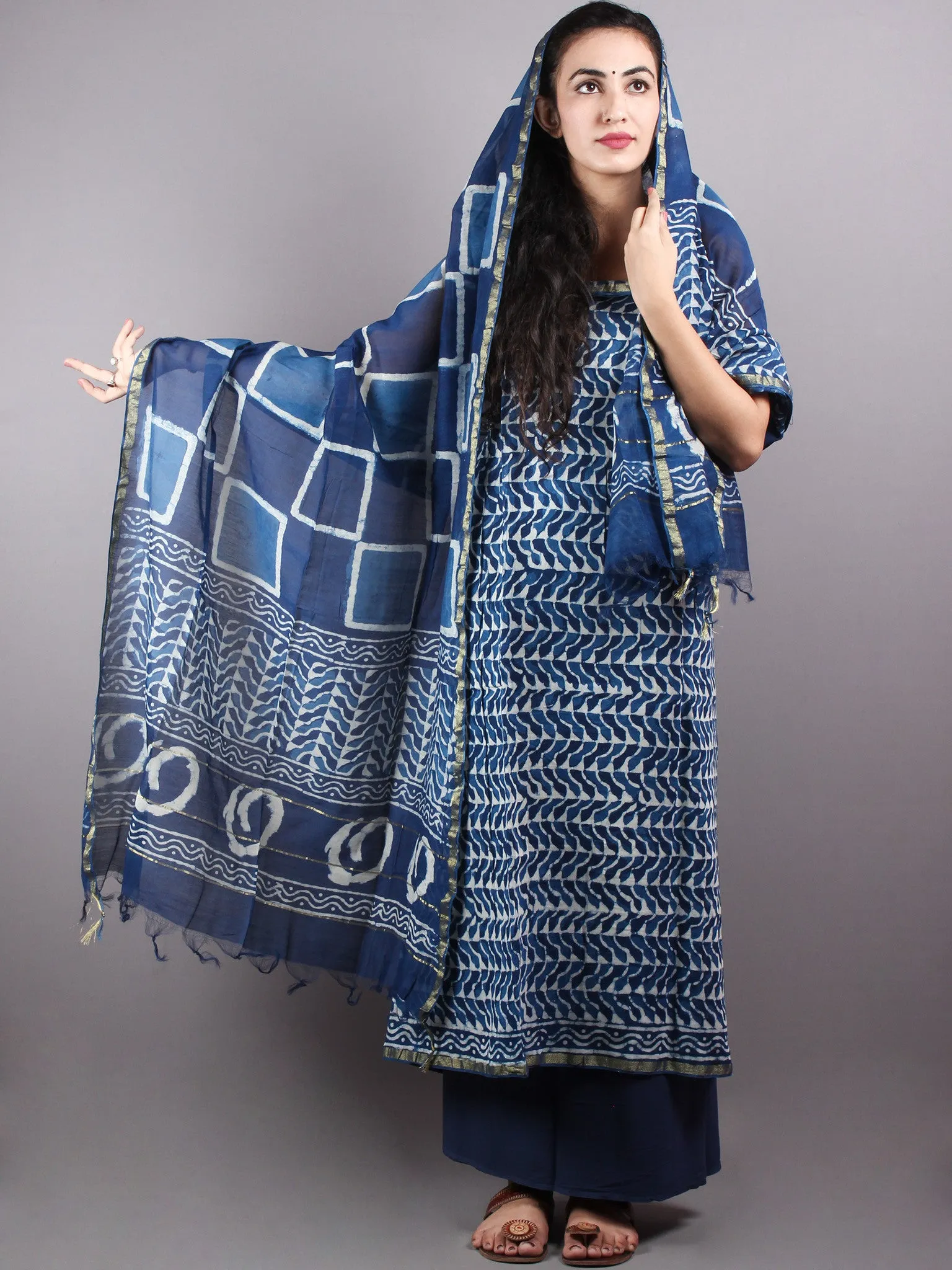 Indigo White Hand Block Printed Chanderi Unstitched Kurta & Chanderi Dupatta With Cotton Salwar - S1628007