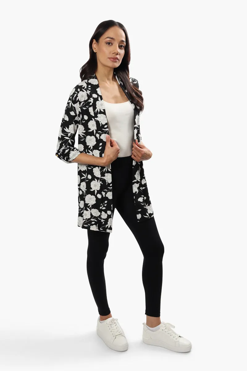 International INC Company Floral Roll Up Sleeve Cardigan - Black