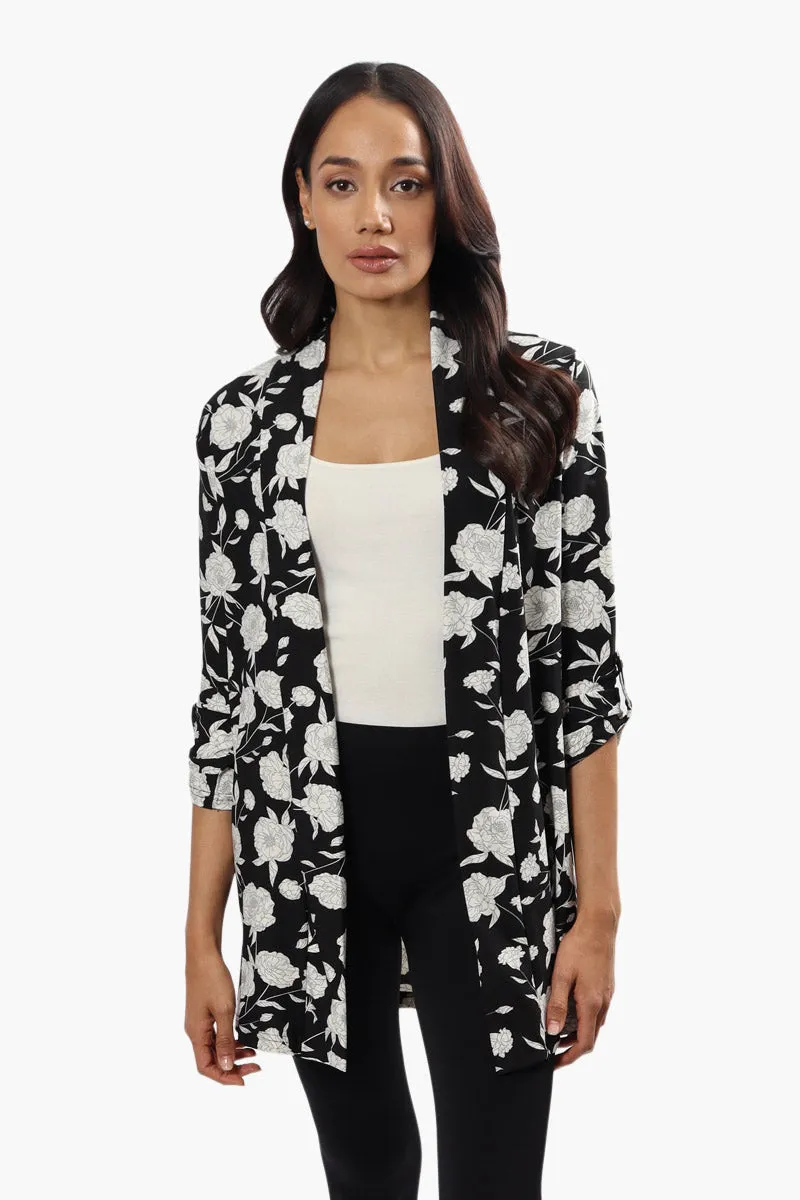 International INC Company Floral Roll Up Sleeve Cardigan - Black