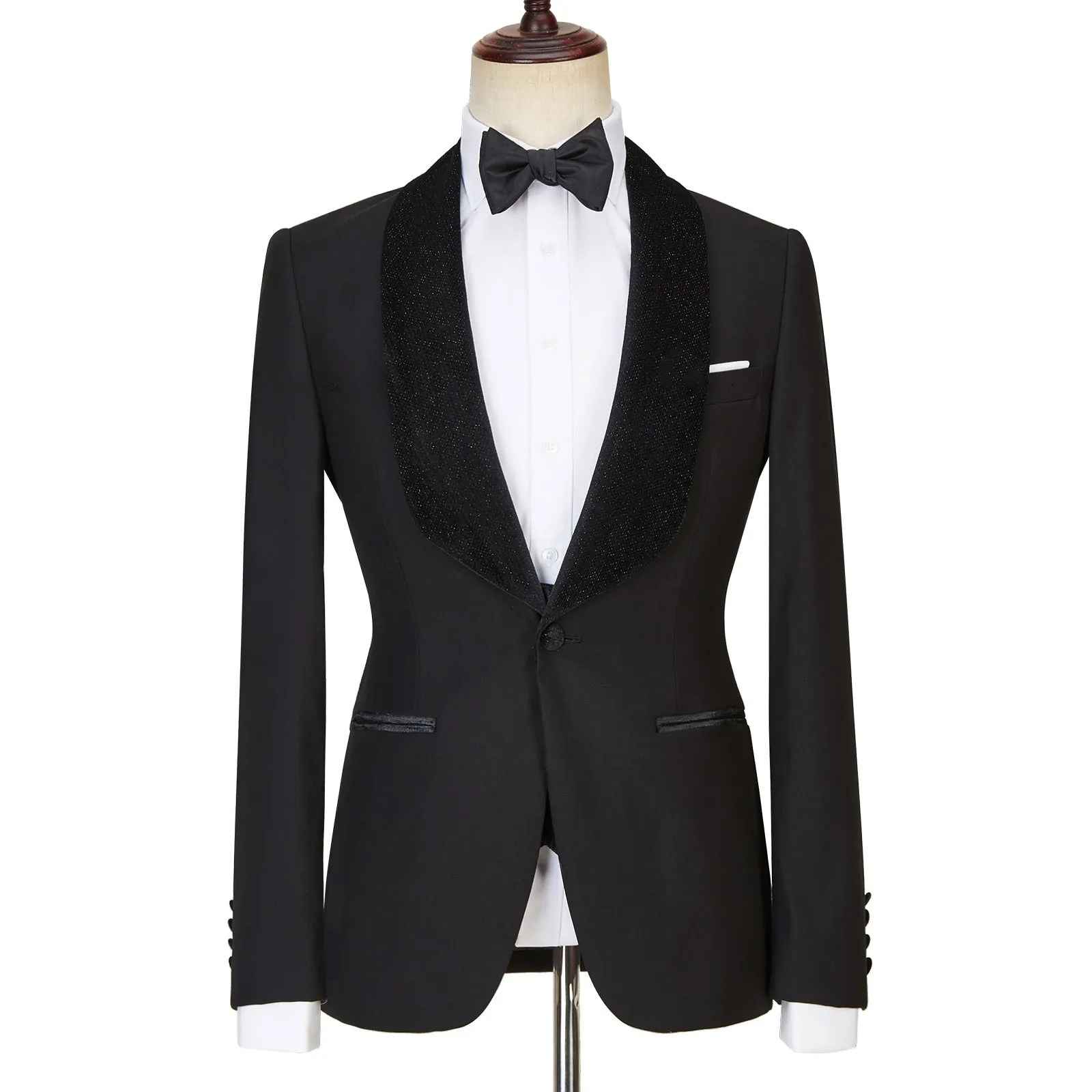 Jose Contemporary Three-Piece Black Shawl Lapel Sparkling Men’s Wedding Suits