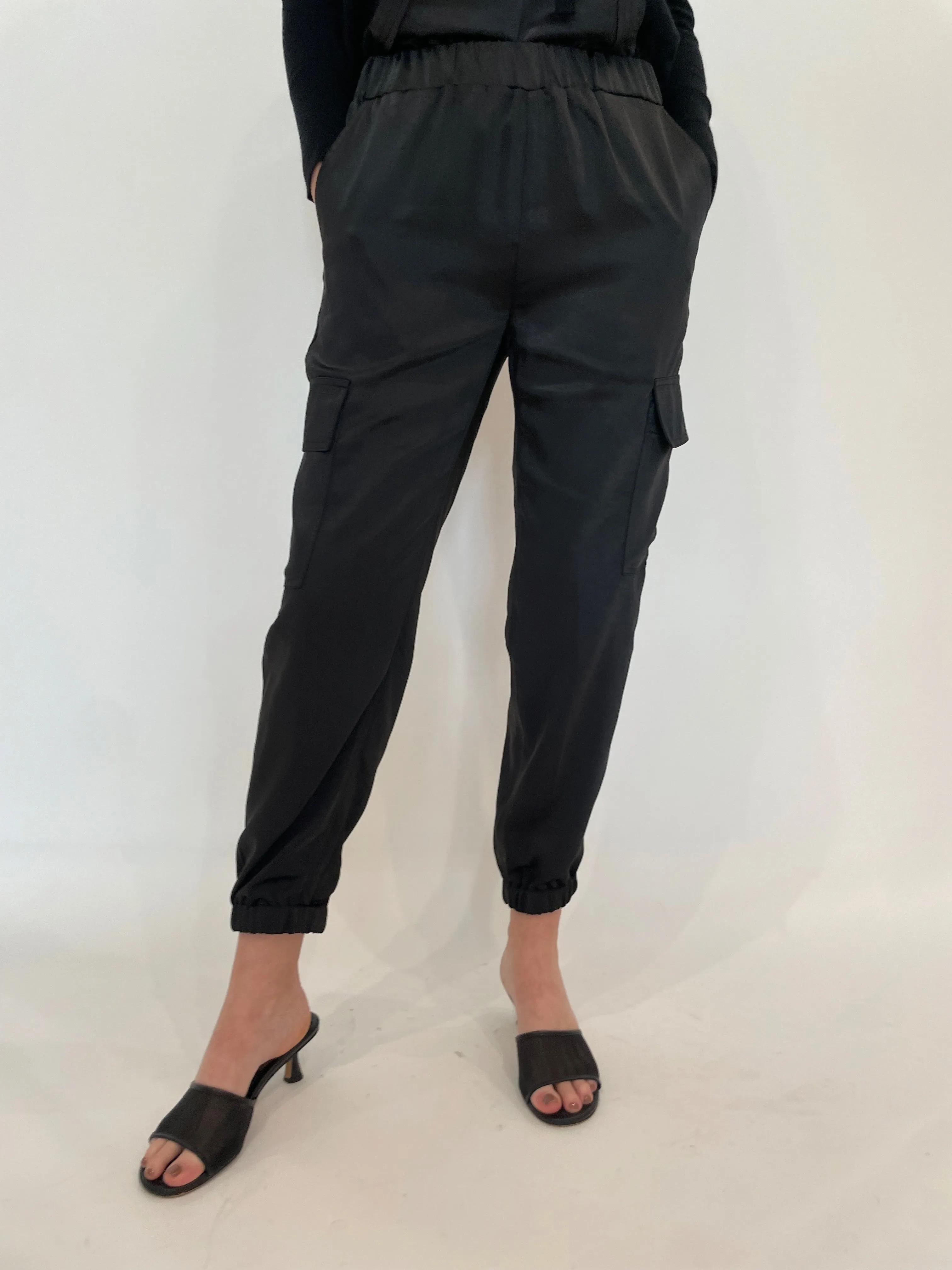 Juno Satin Cargo Pants - Black