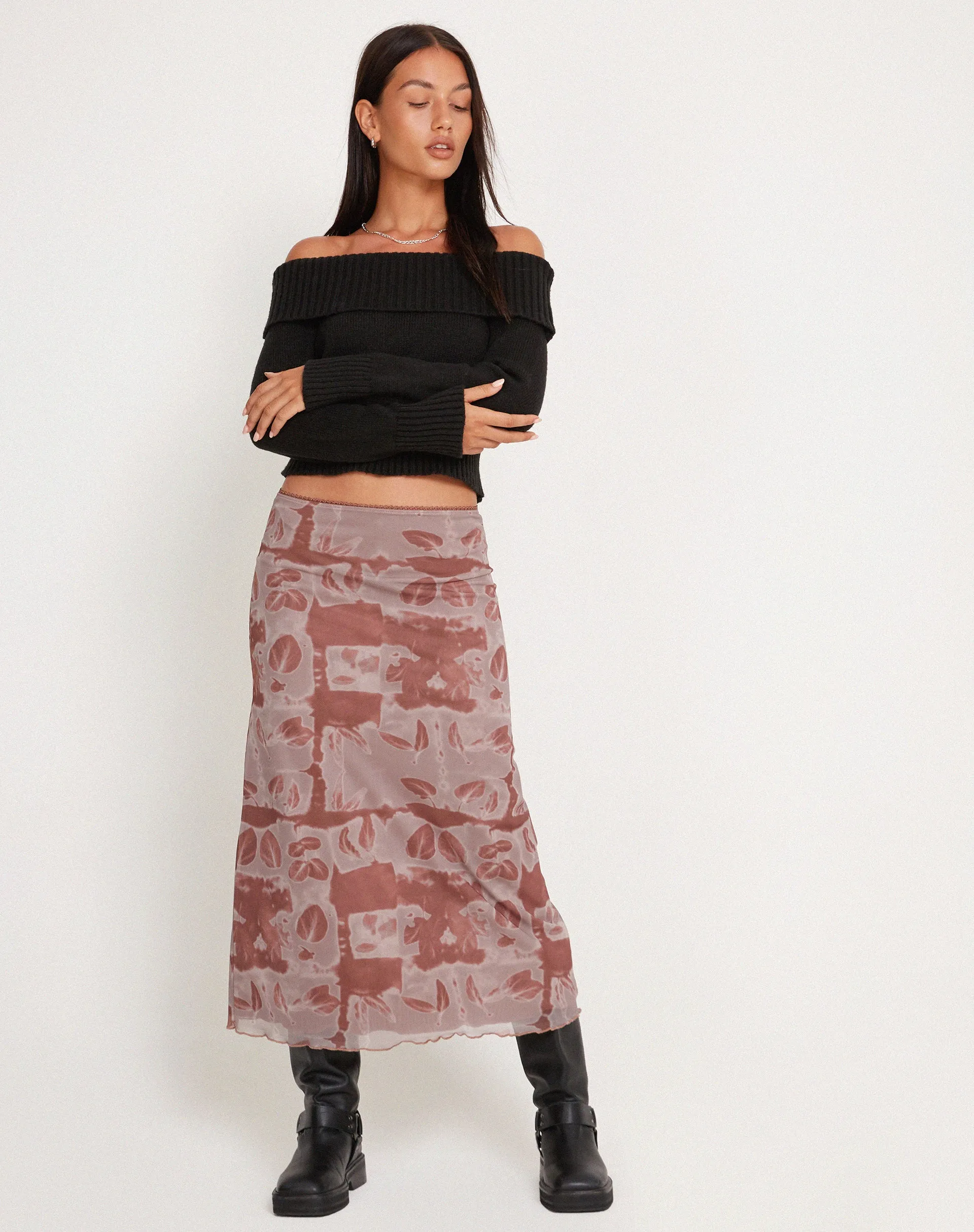 Lassie Low Rise Mesh Maxi Skirt in Botanical Bleed Warm Grey