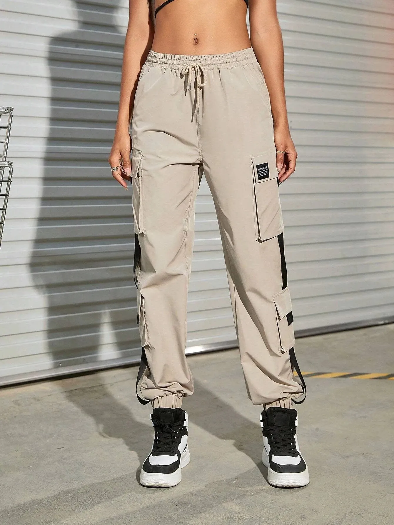 Letter Patched Detail Flap Pocket Buckle Detail Cargo Pants