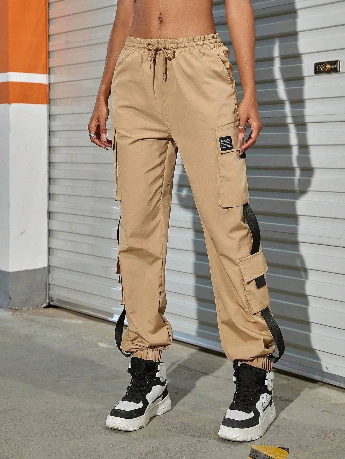 Letter Patched Detail Flap Pocket Buckle Detail Cargo Pants