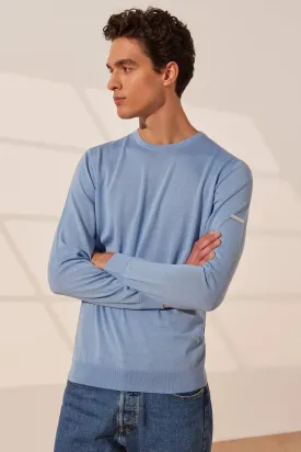 Light Blue Silk Quentin Round Neck Long Sleeve Men's Knitwear