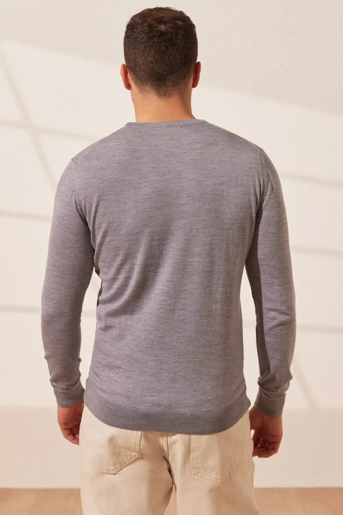 Light Gray Silk Quentin Round Neck Long Sleeve Men's Knitwear